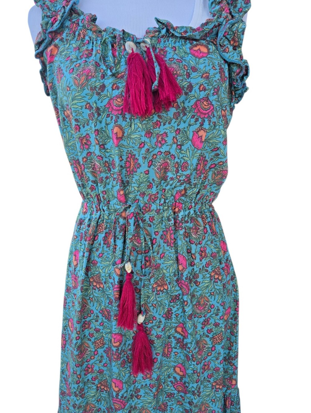 Natural Life Ruffled And Tassle Maxi Dress Teal Pink Orange Green Size XS - Picture 3 of 6
